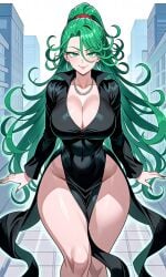 ai_generated black_dress city_background creamy_ai eyelashes green_eyes green_hair heels hoop_earrings jewelry large_ass large_breasts milf necklace one-punch_man ponytail silver_jewelry smug tagme tatsumaki thick_thighs valkris9 wide_hips