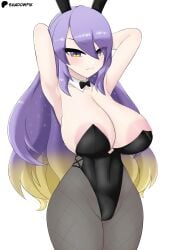 1girls areola_slip areolae armpits arms_behind_head big_areola big_breasts breasts bunny_girl bunnysuit female female_only hololive hololive_indonesia hololive_indonesia_area_15 huge_breasts large_breasts moona_hoshinova purple_hair solo tagme thick_thighs thighs two_tone_hair