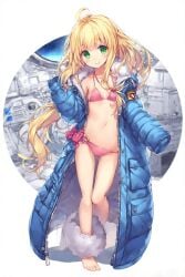 bikini bikini_under_clothes blonde_female blonde_hair blonde_hair_female blue_jacket diana_(pragmata) female green_eyes hoodie jacket long_hair looking_at_viewer petite petite_body petite_breasts petite_female petite_girl pink_bikini pragmata short_girl small_breasts small_frame small_girl smile solo solo_female spaceship spaceship_interior teen teenage_girl teenager unzipped unzipped_jacket winter_jacket