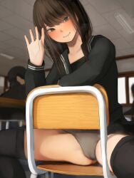 1girls blush brown_hair camonome female female_focus female_pubic_hair hi_res highres indoors light-skinned_female light_skin long_hair looking_at_viewer original pubic_hair pubic_hair_peek public public_indecency sitting skirt_lift smile smiling smiling_at_viewer solo_focus spread_legs spreading teasing teasing_viewer thighs uncensored winking winking_at_viewer