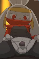 absurd_res balls black_and_red_shirt black_pants clothes glans looking_at_penis male male_only nintendo no_underwear pants patreon penis penis_growth pokemon pokemon_(species) purple_glans rabbit_boy rabbit_ears raboot red_eyes red_sleeves shirt taking_pants_off testicles white_body white_fur white_penis white_skin winick-lim