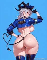 ai_generated backboob balecxi black_choker black_gloves blue_background cosplay demon_girl demon_tail female from_behind grey_hair hat horns huge_ass large_breasts looking_at_viewer looking_back panties red_eyes simple_background smile solo thighhighs thighs thong wuthering_waves zani_(wuthering_waves)