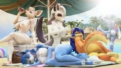 anthro beach belly_button bellybutton big_breasts booty carmelita_fox doctorbexstin drinking flint fox furry hellhound helluva_boss krystal_(star_fox) lombax loona_(helluva_boss) nipples nude rat ratchet_and_clank resting rivet_(ratchet_and_clank) sly_cooper_(series) smiling star_fox sunscreen tailwag wide_hips wolf