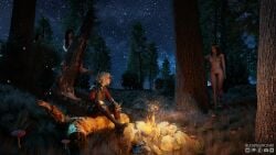 3d 4girls blendguardian breasts brewess campfire cd_projekt_red ciri clothing completely_nude female flower_crown forest light-skinned_female mascara night nipples nude outdoors pubic_hair sword the_witcher_(series) the_witcher_3:_wild_hunt weavess whispess white_hair