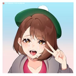 1girls brown_eyes clothed cum cum_on_face eye_contact facial female female_only gloria_(pokemon) hair_over_one_eye half-closed_eyes hat human looking_at_viewer nintendo open_mouth patreon pokemon pokemon_ss short_hair smile solo text tofuubear tongue url v watermark white_border