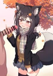 1boy animal_ears bar_censor black_hair black_jacket black_thighhighs blue_skirt bow bowtie breasts brown_eyes brown_sweater censored commission cum cum_on_body diagonal-striped_bow diagonal-striped_bowtie diagonal-striped_clothes facial female grey_scarf hair_ornament hairclip highres jacket large_variant_set layered_sleeves leaf_hair_ornament long_sleeves male_pubic_hair medium_hair miniskirt open_mouth original penis penis_grab pinky_out plaid_clothes plaid_scarf plaid_skirt pleated_skirt pubic_hair red_bow red_bowtie scarf skeb_commission skirt small_breasts straight striped_clothes sweater tail testicles thighhighs variant_set wodaex wolf_ears wolf_girl wolf_tail