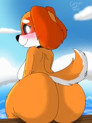 anthro back_view background beach big_ass big_butt blush blush_lines breasts canine critters_(poppy_playtime) domestic_dog foxylomar furry furry_female furry_only happydog(bygenetricsproto) happydog(poppyplaytime) looking_at_viewer no_humans oc original poppy_playtime poppy_playtime_(chapter_3) protect_critters(poppyplaytime) rear_view smiling_critters