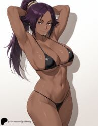1girls ai_generated armpits arms_behind_head arms_up bikini black_bikini bleach bleach:_the_thousand-year_blood_war breasts curvy female hair_ornament hair_tie hi_res high_quality high_resolution highres huge_breasts large_breasts light_smile lips long_hair looking_at_viewer micro_bikini midriff muscular muscular_female navel nose opal_nemy patreon patreon_logo patreon_url patreon_username plain_background presenting presenting_armpit purple_eyes purple_hair self_upload shadow shihouin_yoruichi shihouin_yoruichi shiny shiny_clothes shiny_hair shiny_skin simple_background smile thick_thighs thighs watermark wet wet_skin white_background