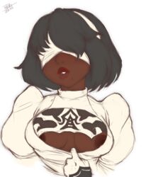 1girls alternate_costume areola areolae beauty_mark big_lips black_hair blindfold breasts dark-skinned_female dark_skin female female_only gloves lips nier nier:_automata nipples randomboobguy solo soul_calibur white_background yorha_2p
