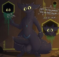 4_ears accessory animal_genitalia anthro aroused balls big_balls big_ears big_penis bodily_fluids dialogue english_text erection fluffy fluffy_tail fur genital_fluids genitals glowing glowing_eyes group hi_res huge_balls huge_cock katauni knot leaking_precum looking_at_viewer male mammal monster motion_lines multi_ear nude penis precum science_fiction speech_bubble tablet tail tapering_penis technology text thick_penis thick_thighs tribal tuft unknown_species wide_hips