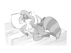 2019 4:3 anthro areola bed breasts female fur greyscale grin hand_on_hip hi_res jonas lying mammal melissa_raccoon monochrome nipples on_bed on_side pillow procyonid pussy raccoon smile solo the_raccoons wide_hips