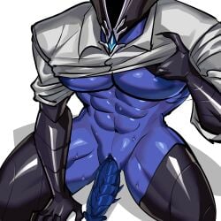 abs abyss_herald_(genshin_impact) big_pecs blue_body blue_penis flanco gay genshin_impact mihoyo no_pants non-human non-humanoid_penis shirt_lift solo