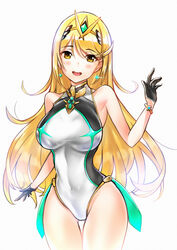 bangs bare_shoulders blonde_hair blush breasts cawang competition_swimsuit earrings female gem hair_ornament headpiece highres jewelry large_breasts long_hair looking_at_viewer mythra_(xenoblade) nintendo one-piece_swimsuit open_mouth pose simple_background smile solo swept_bangs swimsuit teeth tiara very_long_hair xenoblade_(series) xenoblade_chronicles_2 yellow_eyes