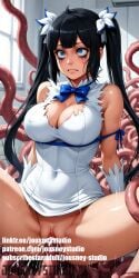 ahoge ai_generated anal arm_ribbon artist_name bangs bare_shoulders black_hair blue_eyes blue_ribbon blunt_bangs blush bow bowtie breasts cleavage cleavage_cutout clenched_teeth clothing clothing_cutout covered_navel crying double_penetration dress dungeon_ni_deai_wo_motomeru_no_wa_machigatteiru_darou_ka? english_text female gloves hair_ornament hair_ribbon hestia_(danmachi) jousneystudio large_breasts long_hair parted_lips patreon_username pencil_dress rape rei_no_himo ribbon shiny sleeveless sleeveless_dress solo spread_legs sweat teeth tentacle tentacle_sex tied_hair twintails uncensored vagina vaginal_penetration very_long_hair watermark web_address white_dress white_gloves wide-eyed