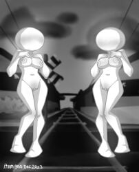 2023 2girls 4_fingers background big_breasts blush breasts cartoony cel_shading clitoris clitoris_hood commercial cute_pose faceless faceless_character faceless_female female_only first_porn_of_character glow greyscale hitogata hourglass_figure itamigao japanese lost_media monochrome navel no_toes psa railroad self_upload shiroi_hitogata shy signature stickfigure stickman thick_legs thick_thights toony white_body white_skin wide_hips