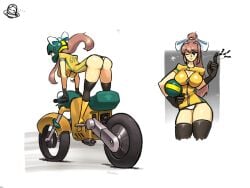 5_fingers 69 big_breasts bike_helmet biker biker_clothes biker_girl breasts butt cleavage doki_doki_literature_club emptyskull302 female green_eyes helmet key_ring keys long_hair monika_(doki_doki_literature_club) motor_vehicle motorcycle panties thigh_highs thighhighs vehicle white_bow white_panties