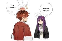 1boy 1boy1girl 1girl1boy 1girls anger_vein angry axe bump closed_eyes clothed clothed_female clothed_male couple couple_(romantic) crying crying_with_eyes_closed dating fake_enn female fern_(sousou_no_frieren) head_bump head_injury long_hair purple_eyes purple_hair red_hair safe short_hair sousou_no_frieren stark_(sousou_no_frieren) tears weapon weapon_over_shoulder