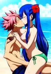 aged_up ai_generated alternate_breast_size beach big_breasts bikini bikini_bottom bikini_bottom_only bikini_top_removed blue_hair closed_eyes couple cute_breasts fairy_tail flower_in_hair hot kissing medium_breasts natsu_dragneel perky_nipples romantic sitting_on_lap topless_female wendy_marvell