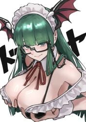 ap_cammy bat_wings breasts capcom darkstalkers glasses green_hair holding_breast maid maid_headdress morrigan_aensland