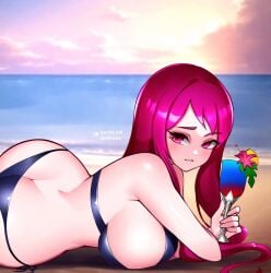 1girls 2024 alternate_costume artist_name ass beach big_ass bikini blue_bikini blue_swimsuit breasts butt_crack cleavage drink female female_only fire_emblem fire_emblem_engage highres ivy_(fire_emblem) jaxdrawz large_breasts light-skinned_female light_skin long_hair looking_at_viewer nintendo ocean pink_eyes pink_hair sand solo swimsuit watermark