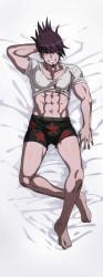 1boy 1male bara bed biceps bulge buranko! burankoprn dakimakura danganronpa danganronpa_v3 feet flexing flexing_bicep front_view gay goatee hand_behind_head hunk kaito_momota looking_at_viewer male_only momota_kaito muscles muscular muscular_male nipples_visible_through_clothing purple_eyes purple_hair shirt_lift six_pack smiling tight_shirt underwear underwear_bulge white_shirt yaoi