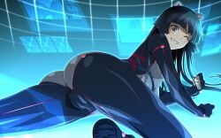 :d animal_ears aoi_nagisa_(metalder) ass black_eyes black_hair blue_background blue_bodysuit blunt_bangs bodysuit breasts cat_ears commentary_request covered_nipples fake_animal_ears female from_behind grid grin guilty_crown hairband hime_cut long_hair looking_at_viewer looking_back lying on_stomach one_eye_closed shiny_clothes skin_tight small_breasts smile solo tsugumi_(guilty_crown) very_long_hair