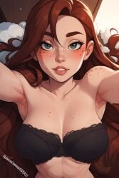 1girls ai_assisted ai_generated armpits black_bra body_freckles bra breasts brown_hair cleavage creamybiscuit female female_only freckles green_eyes human large_breasts long_hair smile solo strapless_bra sweat underwear upper_body