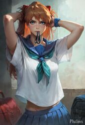 1girls adjusting_hair ai_generated arms_up asuka_langley_sohryu bag bangs blue_eyes blue_sailor_collar blue_skirt blush freckles lips long_hair looking_at_viewer midriff midriff_peek mouth_hold neckerchief neon_genesis_evangelion nose orange_hair philon pleated_skirt realistic ribbon sailor_collar school_bag school_uniform scrunchie shirt short_sleeves skirt solo stable_diffusion tying_hair white_shirt wrist_scrunchie