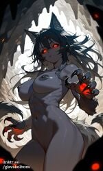1girls abs ai_generated animal_ears athletic athletic_female belly_button black_body black_fur black_hair black_sclera black_skin breasts female fit fit_female fluffy_tail glavakolhoza glowing_eyes glowing_hands glowing_markings hair hellhound_(monster_girl_encyclopedia) hourglass_figure large_breasts long_hair low-angle_view midriff monster_girl monster_girl_(genre) monster_girl_encyclopedia navel nipples nude red_eyes ribs solo tail thighs thin_waist two_tails