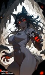 1girls 2_tails abs ai_generated animal_ears athletic athletic_female belly_button black_body black_fur black_hair black_sclera black_skin breasts female fit fit_female fluffy_tail glavakolhoza glowing_eyes glowing_hands glowing_markings hair hellhound_(monster_girl_encyclopedia) hourglass_figure large_breasts long_hair low-angle_view midriff monster_girl monster_girl_(genre) monster_girl_encyclopedia multi_tail navel nipples nude red_eyes ribs solo tail thighs thin_waist