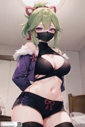 ai_generated arms_behind_back bare_shoulders black_mask black_shirt black_shorts black_thighhighs breasts cleavage cleavage_cutout clothing_cutout cowboy_shot crop_top cropped_jacket dmk_meow female fur-trimmed_jacket fur_trim genshin_impact green_hair hair_between_eyes hair_ornament indoors jacket kuki_shinobu large_breasts long_sleeves looking_at_viewer mask midriff mouth_mask navel off_shoulder open_clothes open_jacket patreon_username ponytail purple_eyes purple_jacket rope shirt short_ponytail short_shorts shorts sidelocks skindentation sleeveless sleeveless_shirt solo stomach tassel thighhighs thighs