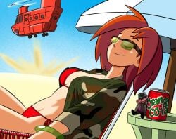 advance_wars advance_wars:_dual_strike bikini bikini_bottom bikini_top bracelet camo camo_clothing camo_print can closed_eyes deck_chair deck_chair_position desert ginger ginger_hair green-tinted_eyewear green_bracelet highlights inner_sideboob jacket jacket_open keyring red_bikini red_bikini_bottom red_bikini_top sami_(advance_wars) short_hair soft_drink sunbathing sunglasses sunglasses_on_face table tinted_eyewear transport umbrella white_umbrella