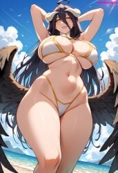 1girls ahoge ai_generated albedo_(overlord) beach big_breasts bikini black_hair bombacopta breasts curvaceous curvy demon female hair_between_eyes hands_behind_head highres hips horns large_breasts mature_female milf navel overlord_(maruyama) posing seductive simple_background succubus thick thick_hips thick_thighs thighs wings yellow_eyes