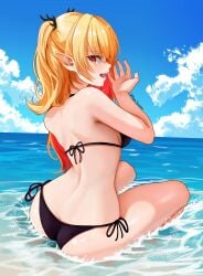 1girls 2d 2d_(artwork) alternate_costume ass back back_view bikini bikini_bottom bikini_top black_bikini black_bikini_bottom black_bikini_top black_swimsuit blonde_hair clouds day eternals_(idol_corp) female female_focus female_only high_resolution highres idol_corp idol_es latam_virtual_youtuber light-skinned_female light_skin long_hair looking_at_viewer looking_back looking_back_at_viewer manasenshou ocean open_mouth pigtails pointy_ears red_eyes red_hair ruby_runeheart sitting sky slim_girl solo solo_female solo_focus summer swimsuit two_piece_swimsuit two_tone_hair virtual_youtuber vtuber vtuberfanart water young younger_female