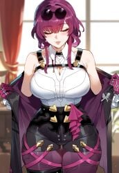 ai_generated bare_shoulders cleavage_cutout closed_eyes creamy_ai curvy high-waist_shorts honkai:_star_rail jacket kafka_(honkai:_star_rail) large_breasts narrow_waist pantyhose purple_hair purple_pantyhose shirt thick_thighs undressing white_shirt wide_hips