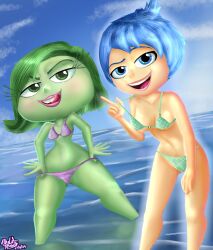 2girls beach bikini bikini_bottom bikini_top blue_eyes blue_hair cursed disgust_(inside_out) disney duo duo_female duo_focus green_body green_hair green_skin inside_out inside_out_2 joy_(inside_out) licking_own_lips looking_at_viewer multiple_girls open_mouth pixar sea short_hair short_hair_female tagme thecalmshock tongue tongue_out water weird yellow_body yellow_skin