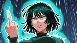 1girls ai_generated andrew_tate angry aura dress esper fubuki_(one-punch_man) green_dress green_eyes middle_finger one-punch_man sigma