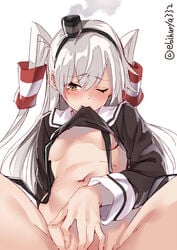 amatsukaze_(kantai_collection) blush bottomless brown_dress dress ebifurya female gloves groin hair_tubes hat highres kantai_collection long_hair looking_down masturbation mini_hat navel one_eye_closed partially_visible_vulva sailor_dress short_dress silver_hair single_glove smoke spread_legs striped two_side_up white_gloves windsock yellow_eyes