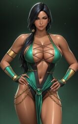 1girls ai_generated big_breasts black_hair chains clothed_female colored dark-skinned_female dark_background dark_skin deviantart eepol female_only front_view green_eyes hands_on_hips jade_(mortal_kombat) long_hair looking_at_viewer mortal_kombat mortal_kombat_(2011) ninja ponytail shiny_skin smile solo_female standing thick_lips thick_thighs uncensored unmasked voluptuous voluptuous_female