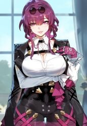 ai_generated cleavage_cutout creamy_ai curvy high-waist_shorts honkai:_star_rail jacket kafka_(honkai:_star_rail) large_breasts narrow_waist pantyhose purple_eyes purple_hair purple_pantyhose shirt thick_thighs white_shirt wide_hips