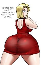 1girl android android_18 android_girl ass ass_focus ass_visible_through_clothes ass_visible_through_thighs ass_visible_through_torn_clothes ass_visible_under_skirt back back_view big_ass big_breasts big_butt black_choker blonde_female blonde_hair blonde_hair_female blue_eyes blue_eyes_female breasts choker cleavage crossed_arms dat_ass dragon_ball dragon_ball_super dragon_ball_z dress english english_text exhibitionism eyelashes fat_ass female gtsn17 hips huge_ass large_ass light-skinned_female light_skin medium_hair panties panties_visible_through_clothing raceplay red_dress spread_legs text thick thick_ass thick_hips thick_legs thick_thighs white_background wide_hips