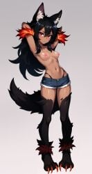 1girls ai_generated animal_ears animal_humanoid arm_tuft arms_behind_head arms_up belly_button black_hair breasts canid_humanoid canine_humanoid claws dark-skinned_female dark_skin dark_skinned_female denim denim_shorts female fur hair hands_behind_head hellhound_(monster_girl_encyclopedia) hips hotpants humanoid long_hair midriff monster_girl monster_girl_(genre) natural_thigh_highs navel nipples orange_fur panties red_eyes red_fur short_shorts shorts solo thin_waist topless topless_female viper1 white_sclera