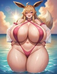 ai_generated areola_slip beach cameltoe criss-cross_halter detached_sleeves eevee facing_viewer gigantic_breasts gijinka hands_on_hips humanized_pokemon looking_at_viewer ocean partially_submerged personification pokemon slingshot_swimsuit smile smug smug_smile stable_diffusion sunset swimsuit thick_thighs wet wide_hips