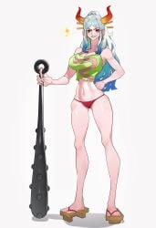 1girls bare_arms bare_legs bare_shoulders bare_thighs big_breasts bikini_bottom clothed clothing color female female_only geta hi_res horns kanabou large_breasts light-skinned_female light_skin long_hair looking_at_viewer one_piece oni oni_female oni_horns orange_eyes sandals shirt shounen_jump siokosho_kinoko solo solo_female tagme thick_thighs weapon white_hair yamato_(one_piece) youkai