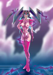 breasts duel_monster electricity female large_breasts rai-mei solo thighhighs twintails yu-gi-oh!