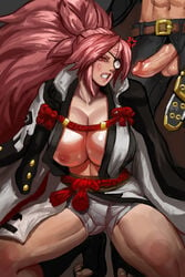 1boy 1girls anger_vein angry areolae baiken balls belt big_hair big_penis blush breasts cameltoe cleavage clenched_teeth cloak collarbone curvy defeated duo eye_patch eyelashes faceless_male facial_markings feet female footwear full_body guilty_gear highres huge_breasts human imminent_oral johnny_(guilty_gear) large_breasts lipstick long_ponytail male nipples one_breast_out penis penis_out pink_eyes pink_hair pink_lipstick ponytail sandals shinrhydwyn shiny_skin solo_focus squatting straight thick_thighs toes