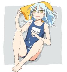 1girl 1other androgynous blue_hair blush canon_genderswap cosplay embarrassed female genderswap_(mtf) laying_down laying_on_back mature mature_female mikoto_kei one-piece_swimsuit petite petite_body petite_female rimuru_tempest rule_63 semen semen_on_body semen_on_lower_body swimsuit tensei_shitara_slime_datta_ken yellow_eyes