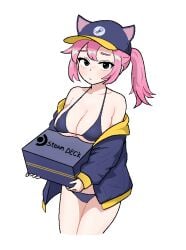 1girls alternate_hairstyle animal_ear_headwear bare_shoulders blue_bikini blue_eyes blue_hat blue_jacket blush breasts cat_ears cleavage closed_mouth cocktiel77 collarbone delivery_girl hat holding_box jacket jaggy_lines large_breasts logo looking_to_the_side open_jacket panties ponytail simple_background solo steam_(software) steam_deck steam_delivery_girl steam_logo suggestive thick_thighs thighs white_background