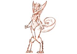 2018 anthro breasts digitigrade dragon female horn monochrome navel nipples nude pussy simple_background smile solo standing watsup white_background wide_hips