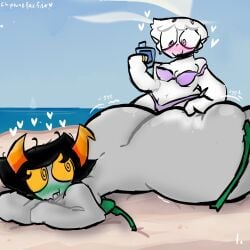 2girls alien applying_sunscreen beach bikini black_hair_female blonde_hair blonde_hair_female canon_couple chiptunep colored_skin female female_only grey_skin homestuck homestuck_troll horn horns kanaya_maryam long_hair long_hair_female lotion mostly_nude multiple_girls rose_lalonde short_hair short_hair_female sunscreen troll yuri